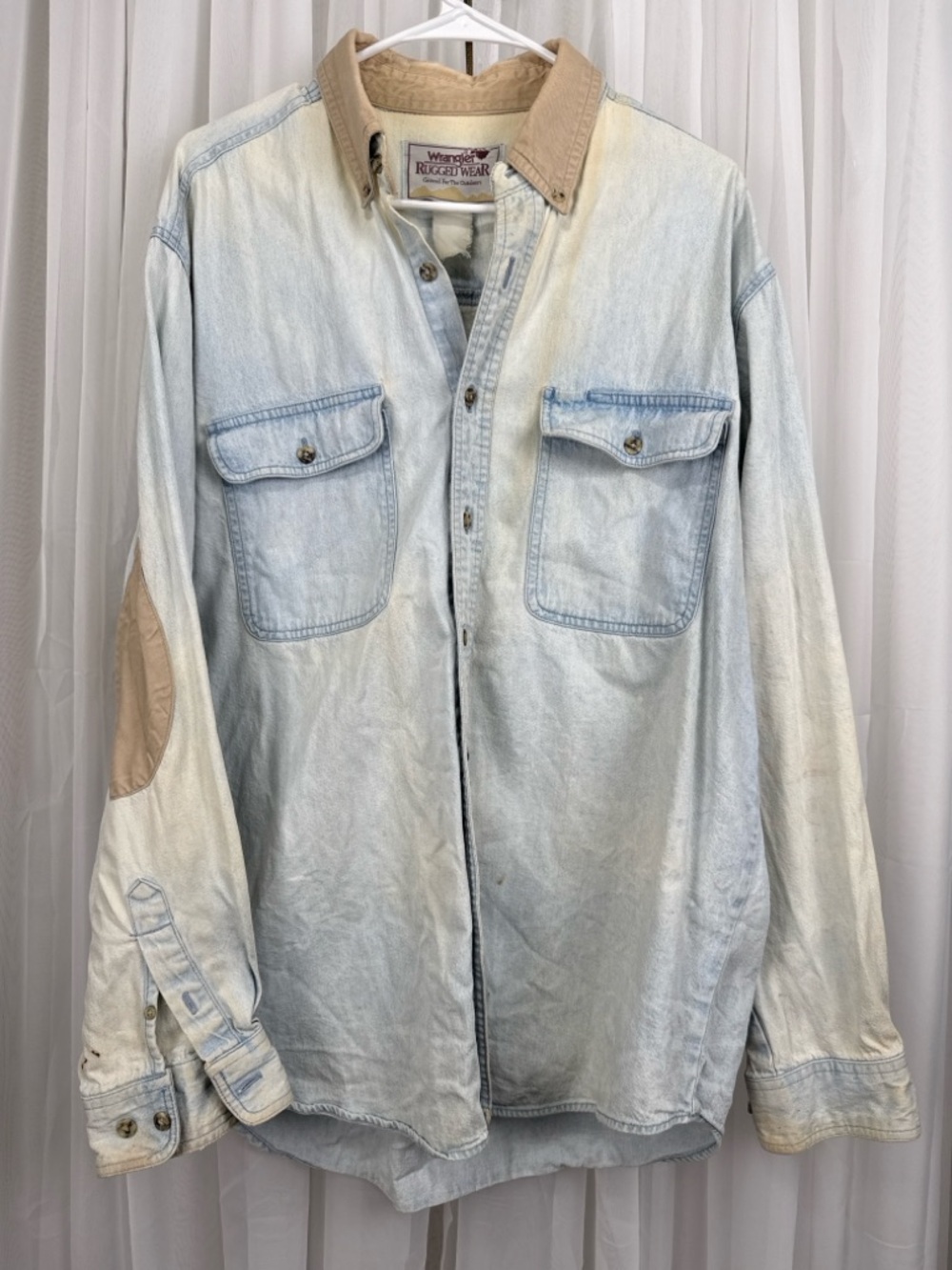 Vintage Wrangler Rugged Wear Denim Work Shirt Elbow Patch Distressed Men - Picture 10 of 10
